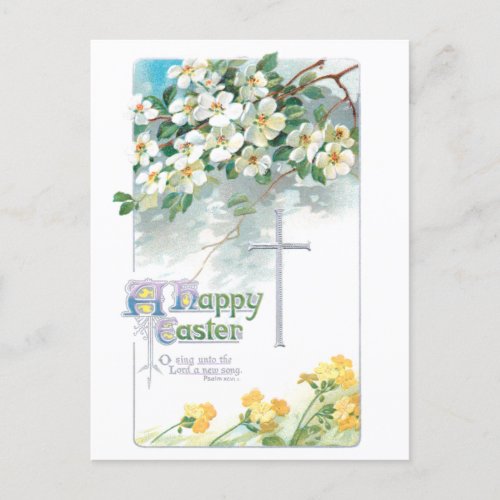 Vintage Easter Cross Dogwood Blooms and Primroses Holiday Postcard