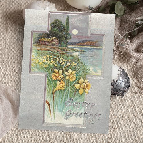 Vintage Easter Cross Rustic Landscape wDaffodils Holiday Postcard