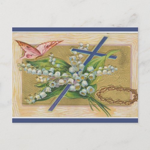 Vintage Easter Cross Thorns Flowers Butterfly Postcard