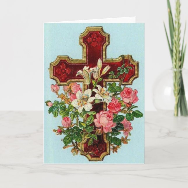 Vintage Easter Crucifix & Flowers (Blank Inside), Holiday Card (Front)