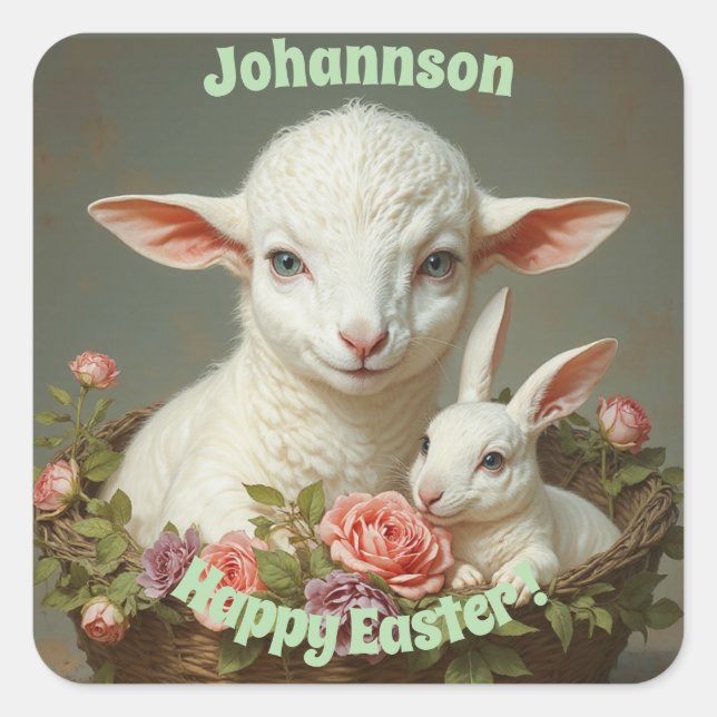 Vintage Easter Custom Personalize Lamb & Bunny  Square Sticker (Front)