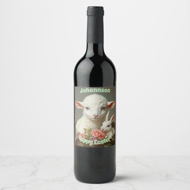 Vintage Easter Custom Personalize Lamb & Bunny  Wine Label (Front)
