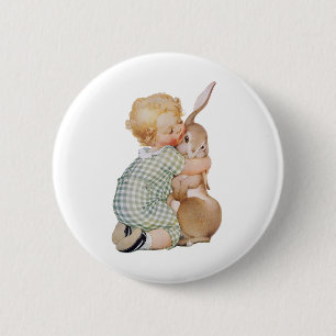 Vintage Easter, Cute Boy Child with Bunny Rabbit Button