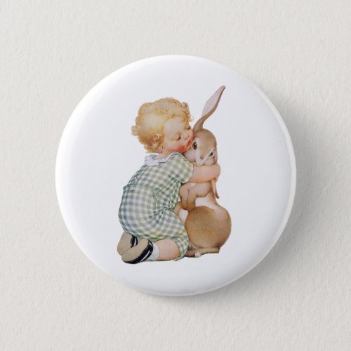 Vintage Easter Cute Boy Child with Bunny Rabbit Button