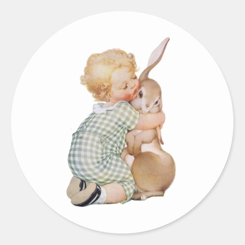 Vintage Easter Cute Boy Child with Bunny Rabbit Classic Round Sticker