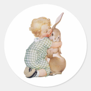 Vintage Easter, Cute Boy Child with Bunny Rabbit Classic Round Sticker