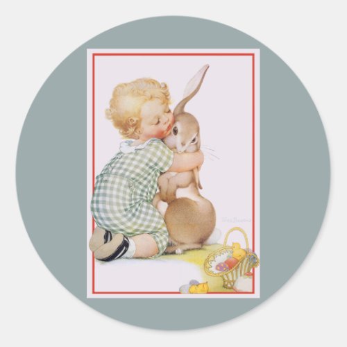 Vintage Easter Cute Boy Child with Bunny Rabbit Classic Round Sticker