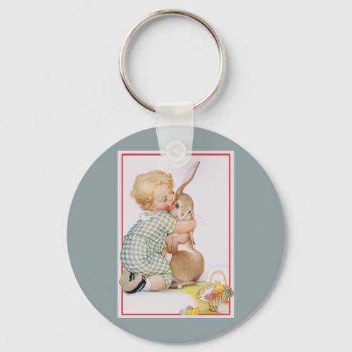 Vintage Easter Cute Boy Child with Bunny Rabbit Keychain