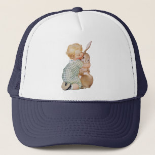 Vintage Easter, Cute Boy Child with Bunny Rabbit Trucker Hat