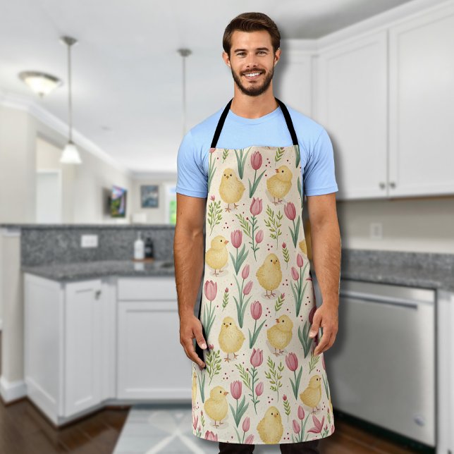 Vintage Easter Cute Yellow Chicks Red Tulips Apron (Creator Uploaded)