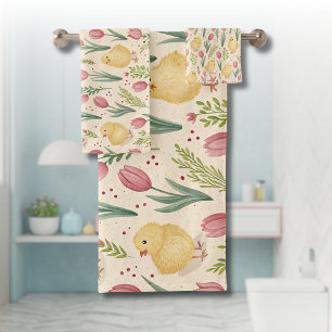 Vintage Easter Cute Yellow Chicks Red Tulips Bath Towel Set