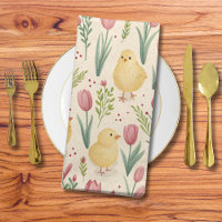 Vintage Easter Cute Yellow Chicks Red Tulips