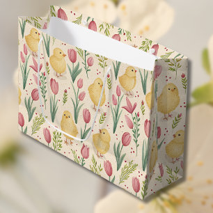 Vintage Easter Cute Yellow Chicks Red Tulips Large Gift Bag