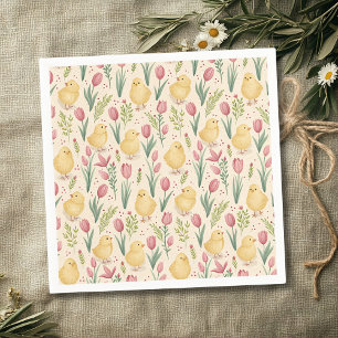 Vintage Easter Cute Yellow Chicks Red Tulips Napkins