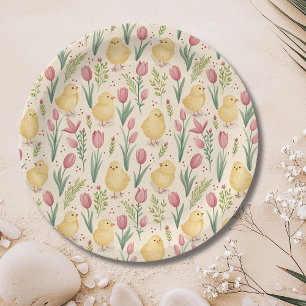 Vintage Easter Cute Yellow Chicks Red Tulips Paper Plates