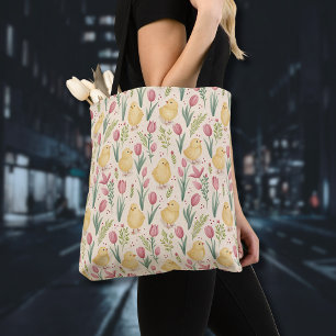 Vintage Easter Cute Yellow Chicks Red Tulips Tote Bag