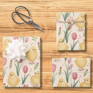Vintage Easter Cute Yellow Chicks Red Tulips Wrapping Paper Sheets