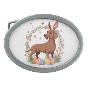 Vintage Easter Dachshund Bunny Dog with Floral Egg Belt Buckle