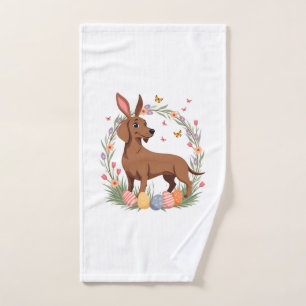 Vintage Easter Dachshund Bunny Dog with Floral Egg Hand Towel