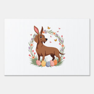Vintage Easter Dachshund Bunny Dog with Floral Egg Sign
