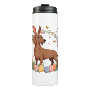 Vintage Easter Dachshund Bunny Dog with Floral Egg Thermal Tumbler