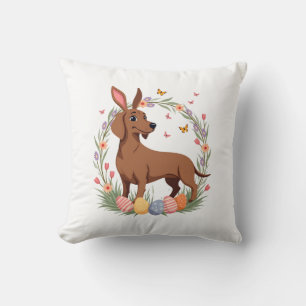 Vintage Easter Dachshund Bunny Dog with Floral Egg Throw Pillow