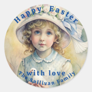Vintage Easter Dove Girl Flowers.  Classic Round Sticker