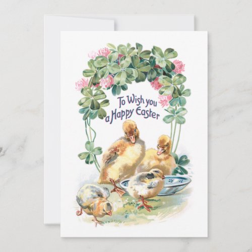 Vintage Easter Ducklings Chicks and Clover Holiday Card