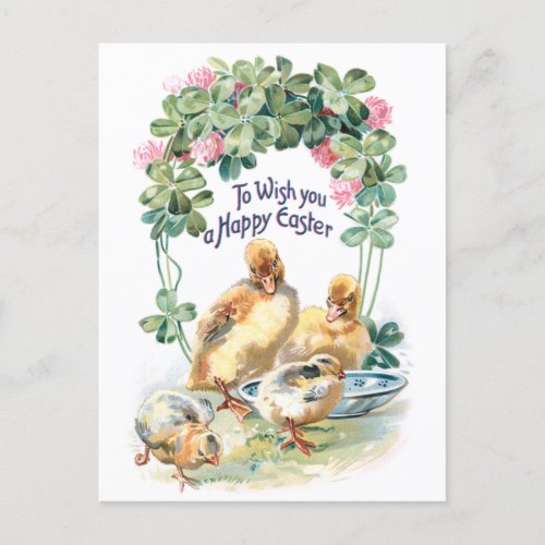 Vintage Easter Ducklings Chicks and Clover Holiday Postcard