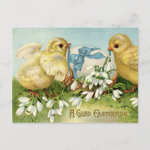 Vintage Easter Egg and Two Chicks With Blue Bow Postcard