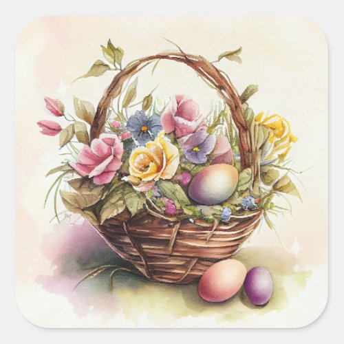 Vintage Easter Egg Basket Purple Yellow Flowers Square Sticker