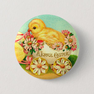 Vintage Easter Egg Chick Carriage Floral Flowers Button