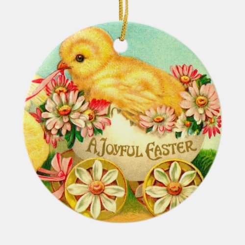 Vintage Easter Egg Chick Carriage Floral Flowers Ceramic Ornament