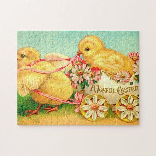 Vintage Easter Egg Chick Carriage Floral Flowers Jigsaw Puzzle