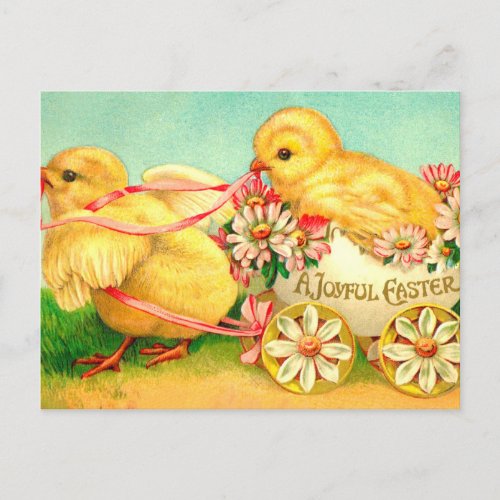 Vintage Easter Egg Chick Carriage Floral Flowers Postcard