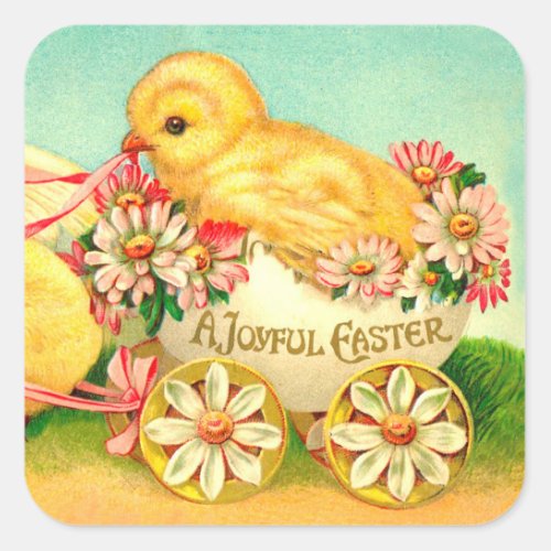 Vintage Easter Egg Chick Carriage Floral Flowers Square Sticker