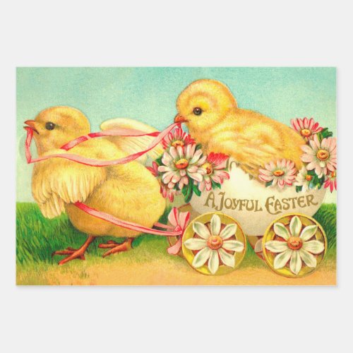 Vintage Easter Egg Chick Carriage Floral Flowers Wrapping Paper Sheets