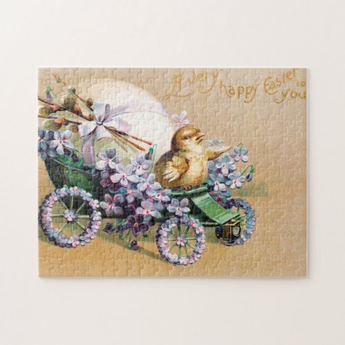 Vintage Easter Egg Chick Floral Flowers Jigsaw Puzzle
