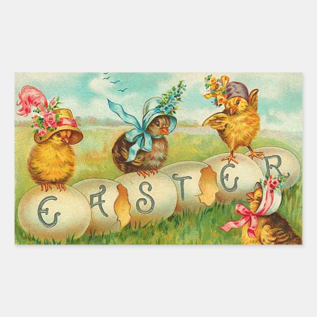 Vintage Easter Egg Chicks Rectangular Sticker (Front)