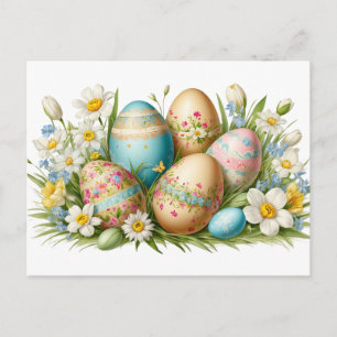 Vintage Easter Eggs and Flowers Holiday Postcard