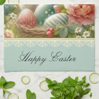 Vintage Easter Eggs and Rabbit Kitchen Towels
