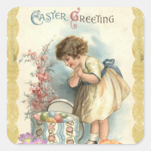 Vintage Easter Eggs Basket Cute Happy Little Girl Square Sticker