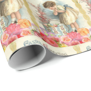 Vintage Easter Eggs Basket Cute Happy Little Girl Wrapping Paper