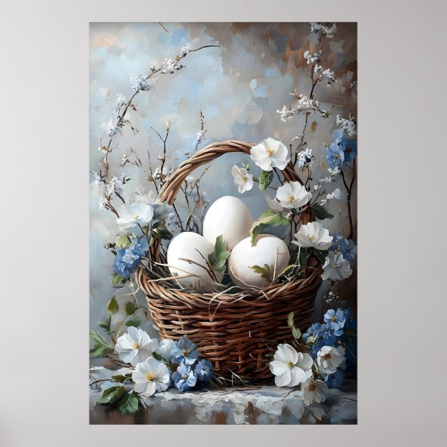 Vintage Easter Eggs Flower Basket Print, Spring Poster (Front)