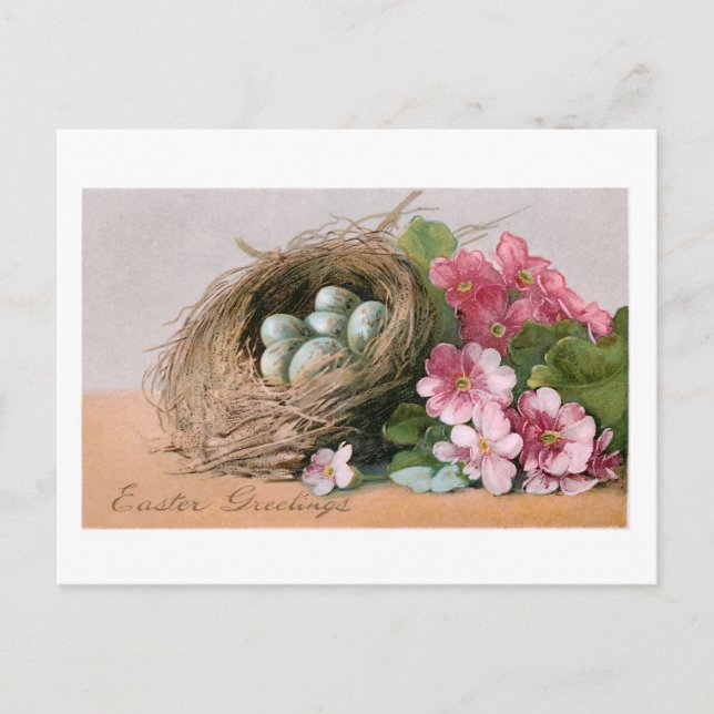 Vintage Easter Eggs, Nest & Pink Polyanthus Postcard (Front)