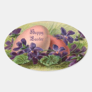 Vintage Easter Eggs & Violets Oval Sticker