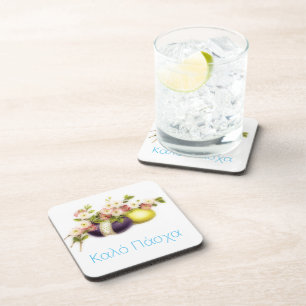 Vintage Easter Eggs with cherry blooms& Greek text Beverage Coaster