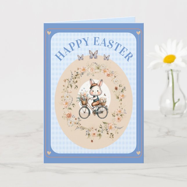 Vintage Easter Floral Bunny Blue Gingham Check Card (Small Plant)