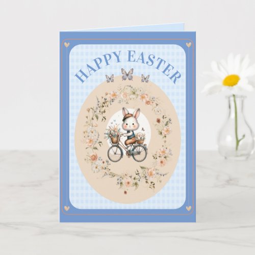 Vintage Easter Floral Bunny Blue Gingham Check Card