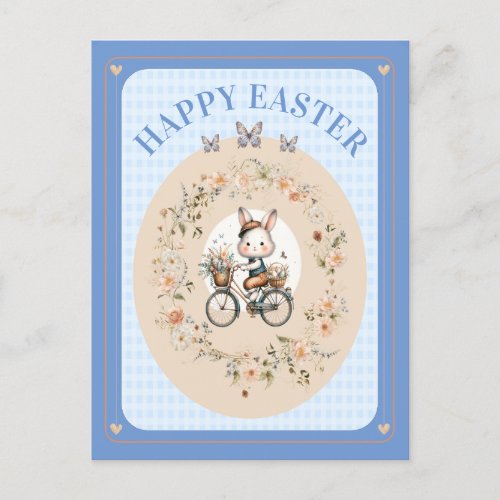 Vintage Easter Floral Bunny Blue Gingham Check Holiday Postcard